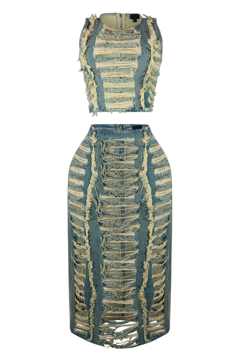 Hush Up Washed Distressed Top & Skirt SET